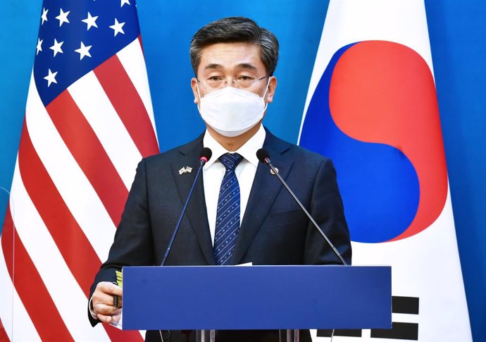 18 March 2021, South Korea, Seoul: South Korean Defense Minister Suh Wook speaks during a joint press conference after a South Korean and US foreign and defense ministerial meeting at the foreign ministry. Photo: Pool/YNA/dpa