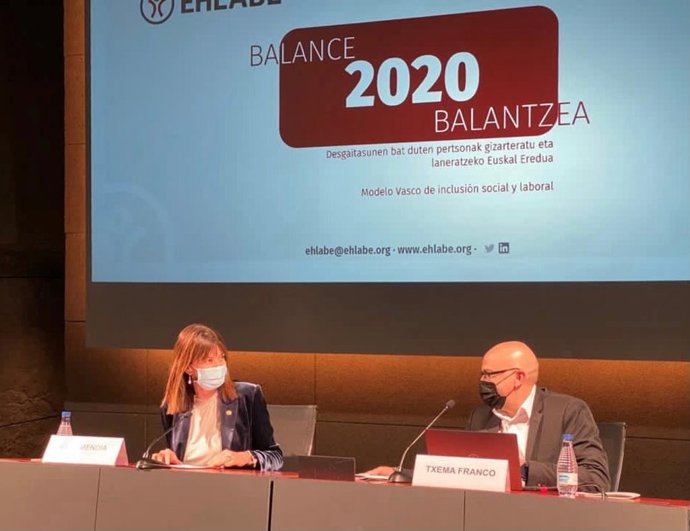 La vicelehendakari y consejera de Trabajo y Empleo, Idoia Mendia, durante la presentación del balance del año 2020 de EHLABE, en Bilbao