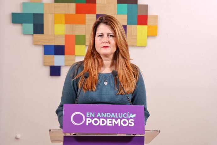 La coportavoz de Podemos Andalucía, Susana Serrano, este lunes en rueda de prensa.