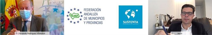 El presidente de la FAMP y de la Diputación de Sevilla, Fernando Rodríguez Villalobos, y presidente de la Asociación Sustenta, Jesús Martínez Linares, este lunes en la firma del acuerdo.