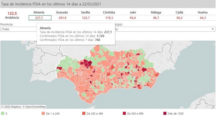 Mapa de Andalucía con nivel de incidencia de Covid-19 por municipios a 22 de marzo de 2021