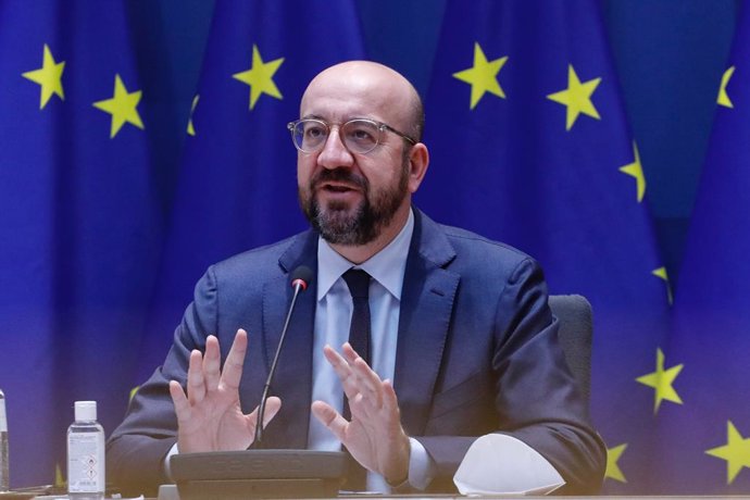 HANDOUT - 18 March 2021, Belgium, Brussels: European Council President Charles Michel speaks during a video conference meeting with the leaders of Luxembourg, Finland, Bulgaria, Ireland and Malta at the European Council building. Photo: Dario Pignatelli
