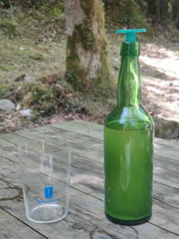 Archivo - Botella de sidra asturiana y vaso de sidra en una terraza de Covadonga.