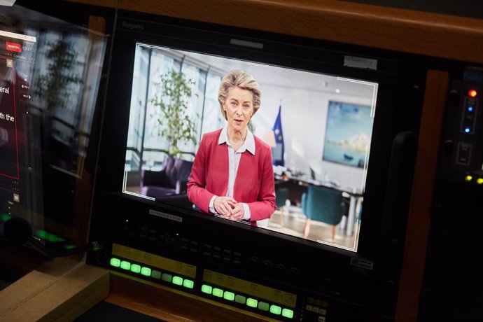 HANDOUT - 18 March 2021, Belgium, Brussels: President of the European Commission Ursula von der Leyen takes part in the European Innovation Council via videoconference. Photo: Etienne Ansotte/European Commission/dpa - ATTENTION: editorial use only and o