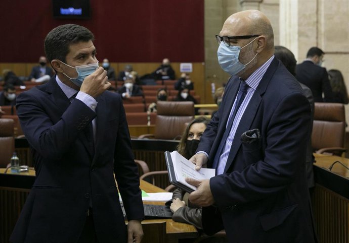 Archivo - El portavoz de Ciudadanos en el Parlamento de Andalucía, Sergio Romero, conversa con el portavoz de Vox, Alejandro Hernández, en una imagen de 16 de diciembre.