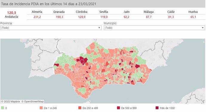 Mapa de Andalucía con nivel de incidencia de Covid-19 por municipios a 23 de marzo de 2021