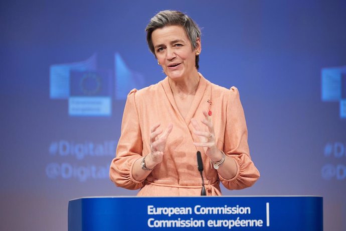 HANDOUT - 09 March 2021, Belgium, Brussels: European Executive Vice-President Margrethe Vestager speaks during a press conference on the 2030 Digital compass, following the weekly meeting of EU Commissioners at EU headquarters in Brussels. Photo: Claudi