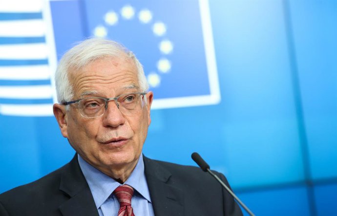 HANDOUT - 22 March 2021, Belgium, Brussels: European Union High Representative for Foreign Affairs Josep Borrell speaks during a press conference following the EU foreign ministers meeting in Brussels. Photo: Mario Salerno/European Council/dpa - ATTENTI