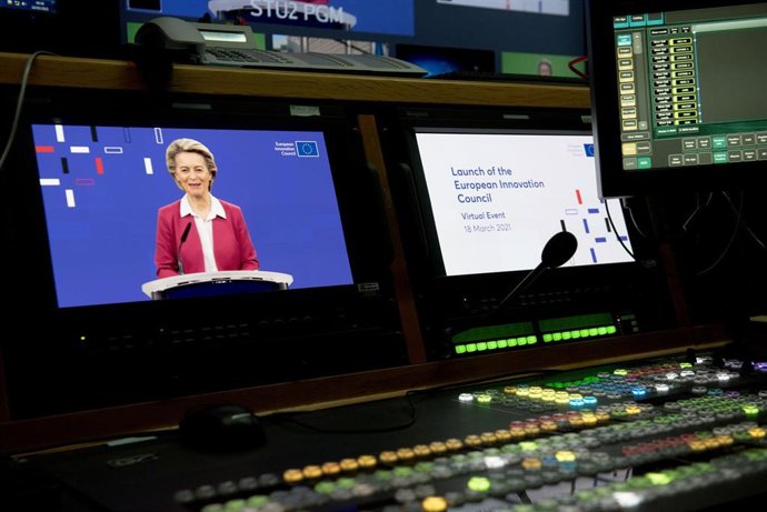 HANDOUT - 18 March 2021, Belgium, Brussels: President of the European Commission Ursula von der Leyen takes part in the European Innovation Council via videoconference. Photo: Etienne Ansotte/European Commission/dpa - ATTENTION: editorial use only and o