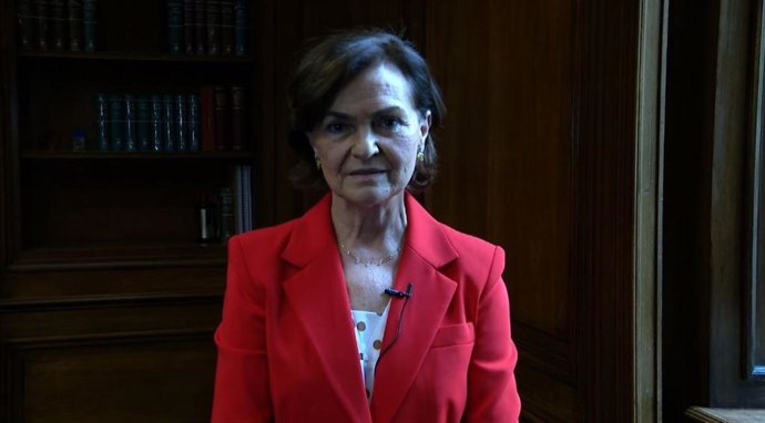 La vicepresidenta primera, Carmen Calvo, interviene en un vídeo en el homenaje de UGT a Largo Caballero.