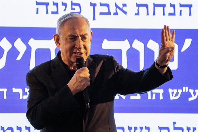 22 March 2021, Palestinian Territories, Revava: Israeli Prime Minister Benjamin Netanyahu delivers a speech during a campaign event at the the West Bank settlement of Revava a day before the start of the Israeli general election. Photo: Ilia Yefimovich/