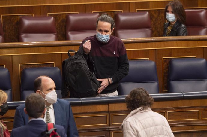 El vicepresidente segundo del Gobierno, Pablo Iglesias, a su llegada a una sesión plenaria en el Congreso de los Diputados, Madrid, (España), a 24 de marzo de 2021. 