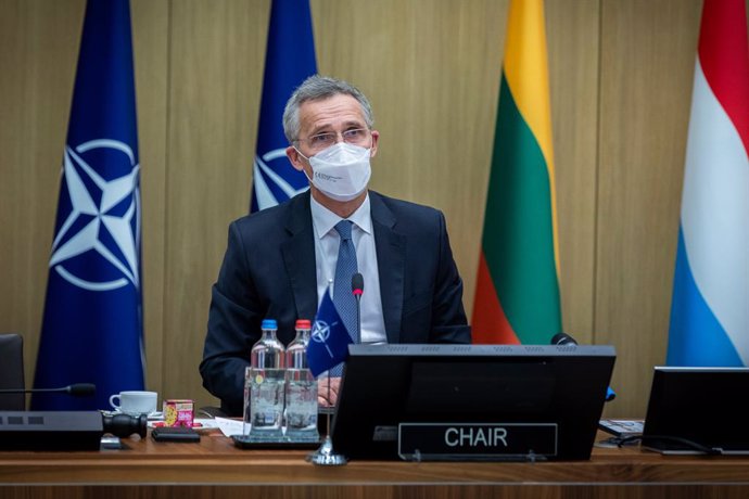 HANDOUT - 24 March 2021, Belgium, Brussels: NATO Secretary General Jens Stoltenberg attends the NATO foreign ministers meeting on the second day at NATO headquarters. Photo: -/NATO/dpa - ATTENTION: editorial use only and only if the credit mentioned abo