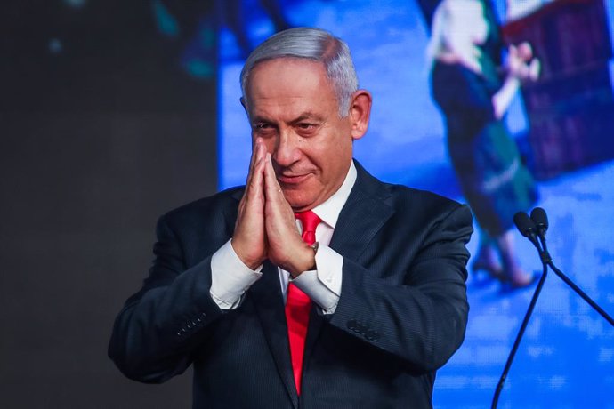 24 March 2021, Israel, Jerusalem: Israeli Prime Minister Benjamin Netanyahu addresses supporters on stage at the party headquarters after polls closed in the Israeli Parliamentary election. Photo: Noam Moskowitz/dpa