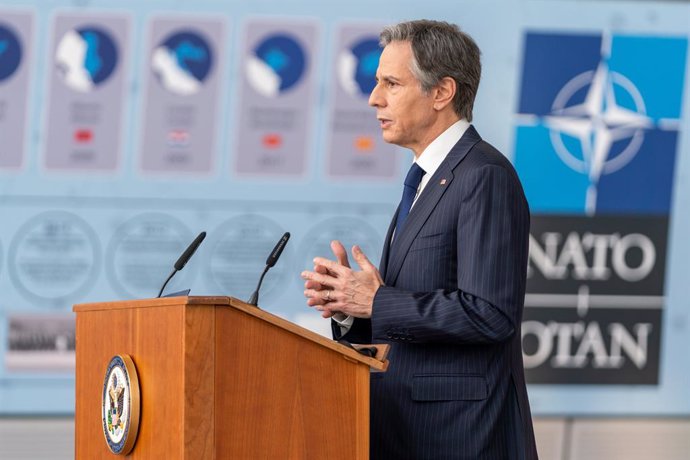 HANDOUT - 24 March 2021, Belgium, Brussels: US Secretary of State Antony Blinken delivers remarks on the second day of the NATO foreign ministers meeting at NATO headquarters. Photo: Ron Przysucha/US Department of State/dpa - ATTENTION: editorial use on