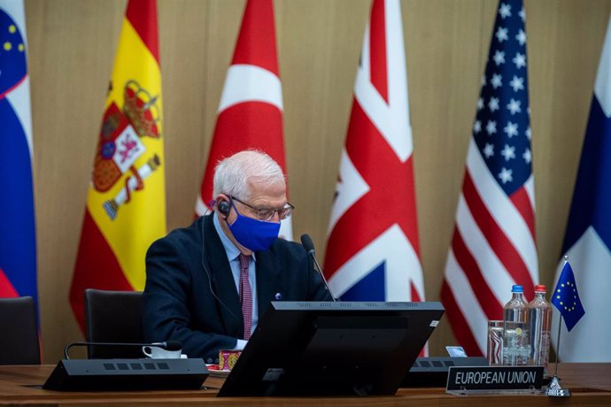 HANDOUT - 24 March 2021, Belgium, Brussels: European Union High Representative for Foreign Affairs Josep Borrell attends the NATO foreign ministers meeting on the second day at NATO headquarters. Photo: -/NATO/dpa - ATTENTION: editorial use only and onl