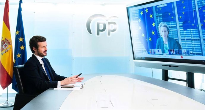El presidente del PP, Pablo Casado, asiste a la cumbre del PPE previa al Consejo Europeo que se celebra de forma telemática. En Madrid, 25 de marzo de 2021.
