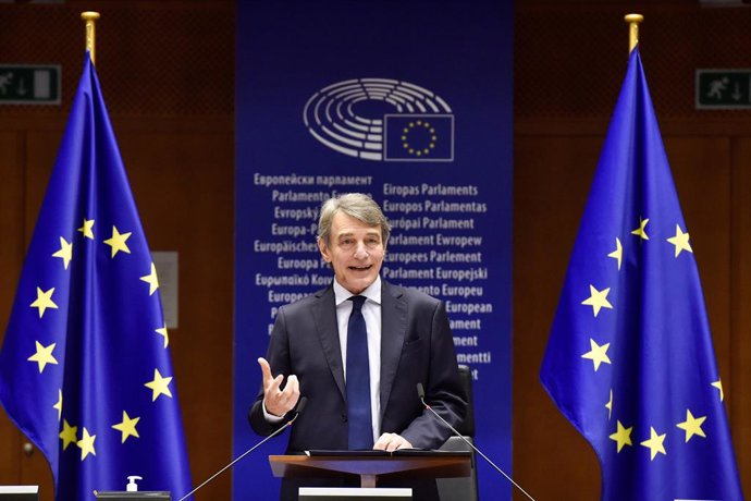 HANDOUT - 10 March 2021, Belgium, Brussels: European Parliament President David Sassoli speaks during the signing ceremony to launch the Conference of the Future of Europe at the European Parliament in Brussels. Photo: Eric Vidal/European Parliament/dpa