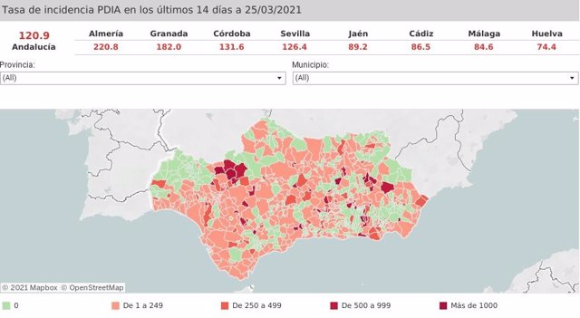 Mapa de Andalucía con nivel de incidencia de Covid-19 en Andalucía por municipios a 25 de abril de 2021