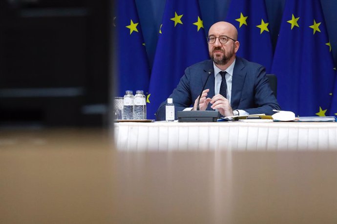 HANDOUT - 25 March 2021, Belgium, Brussels: European Council President Charles Michel participates in the online EU summit of heads of state and government at the European Council building. Photo: Dario Pignatelli/European Council/dpa - ATTENTION: edito