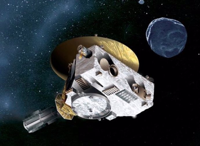 Concepto artístico de la nave espacial New Horizons acercándose a un objeto del cinturón de Kuiper.