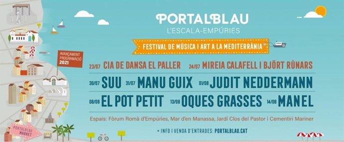Cartell del festival Portalblau d'Empúries i l'Escala.