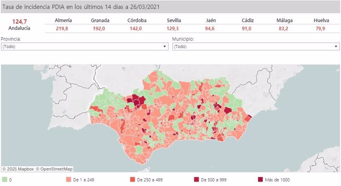 Mapa de Andalucía con niveles de incidencia de Covid-19 por municipios a 26 de marzo de 2021
