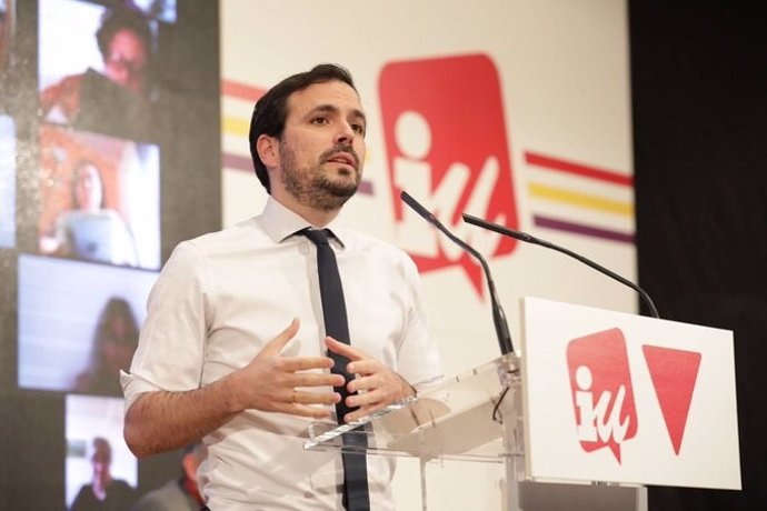 Imagen del coordinador federal de Izquierda Unida, Alberto Garzón, durante el cierre de la Asamblea que ha aprobado su reelección al frente de la organización.