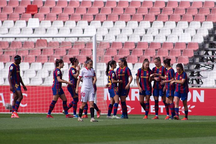Celebrate scores of Martens of FC Barcelona during Liga Iberdrola, football match played between Sevilla Futbol Club and Futbol Club Barcelona at Jesus Navas Stadium on March  27, 2021 in Sevilla, Spain.