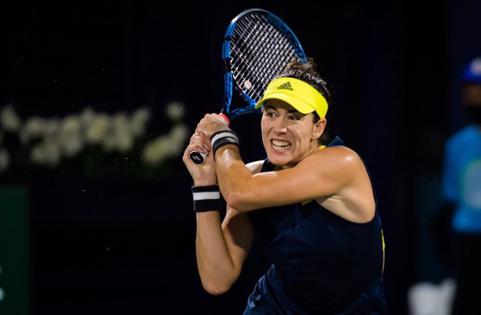 Garbine Muguruza of Spain in action during the final of the 2021 Dubai Duty Free Tennis Championships WTA 1000 tournament against Barbora Krejcikova of the Czech Republic