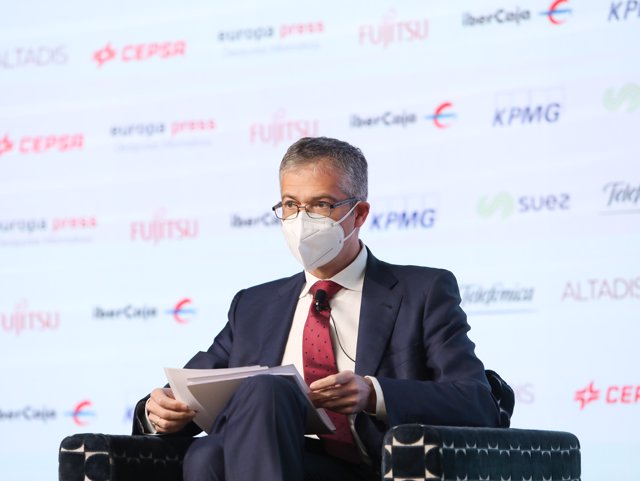 El gobernador del Banco de España, Pablo Hernández de Cos, durante un Desayuno Informativo de Europa Press celebrado en el Auditorio El Beatriz Madrid, en Madrid, (España), a 29 de marzo de 2021.