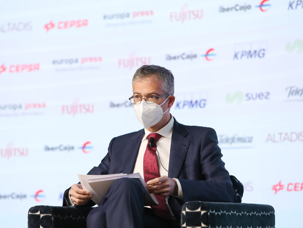 El gobernador del Banco de España, Pablo Hernández de Cos, durante un Desayuno Informativo de Europa Press celebrado en el Auditorio El Beatriz Madrid, en Madrid, (España), a 29 de marzo de 2021.