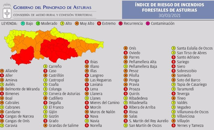 Riesgo de incendios en Asturias este martes, 30 de marzo de 2021