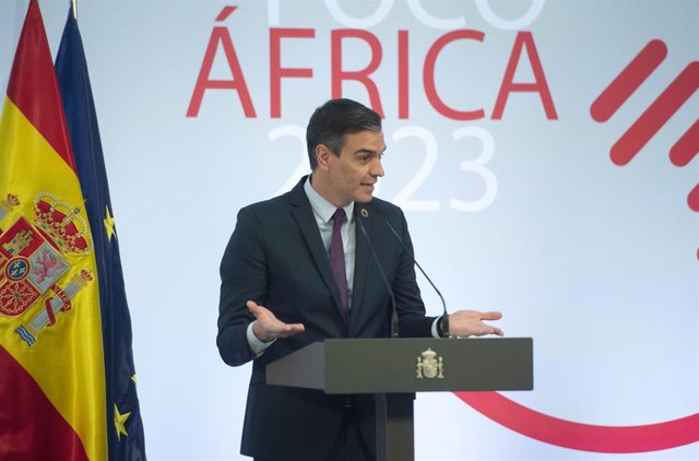 El presidente del Gobierno, Pedro Sánchez, interviene durante la presentación del plan estratégico Foco África 2023, en Moncloa