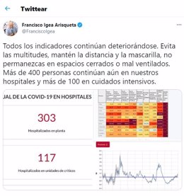 Captura de tuit del vicepresidente de la Junta sobre el empeoramiento de los indicadores epidemiológicos.