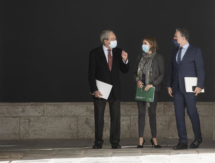 Archivo - El consejero de Transformación Económica, Industria, Conocimiento y Universidades, Rogelio Velasco (i),  la consejera de Empleo y Trabajo Autónomo, Rocío Blanco (c), y el consejero de Presidencia, Elías Bendodo (d), en una imagen de archivo.