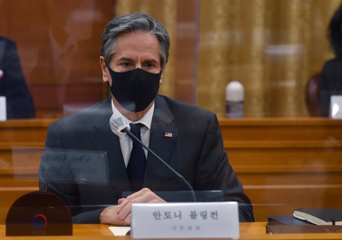 17 March 2021, South Korea, Seoul: US Secretary of State Antony Blinken attends a meeting with South Korean Foreign Minister Chung Eui-yong at the foreign ministry. Photo: -/YNA/dpa
