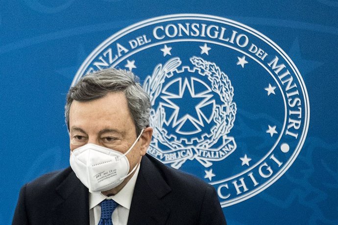 26 March 2021, Italy, Rome: Italian Prime Minister Mario Draghi holds a press conference on the current situations regarding the coronavirus pandemic. Photo: Roberto Monaldo/LaPresse via ZUMA Press/dpa