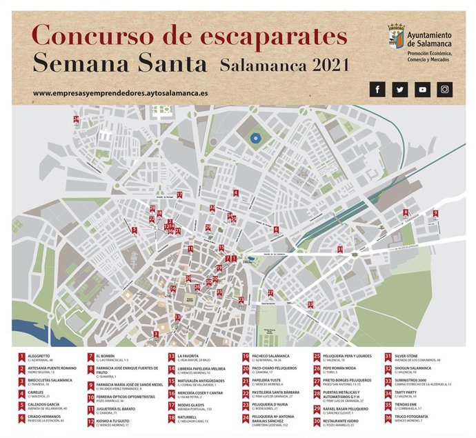 Plano de los escaparates participantes en el concurso sobre Semana Santa en Salamanca.
