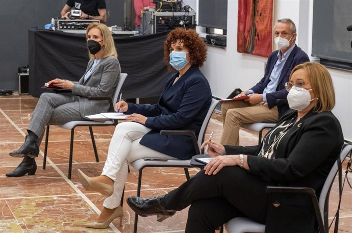 La presidenta de la Diputación, María Eugenia Limón,  la subdelegada del Gobierno, Manuela Parralo; la diputada nacional y portavoz en la Comisión de Agricultura, Pesca y Alimentación del PSOE de Huelva, María Luisa Faneca, durante la reunión telemática.