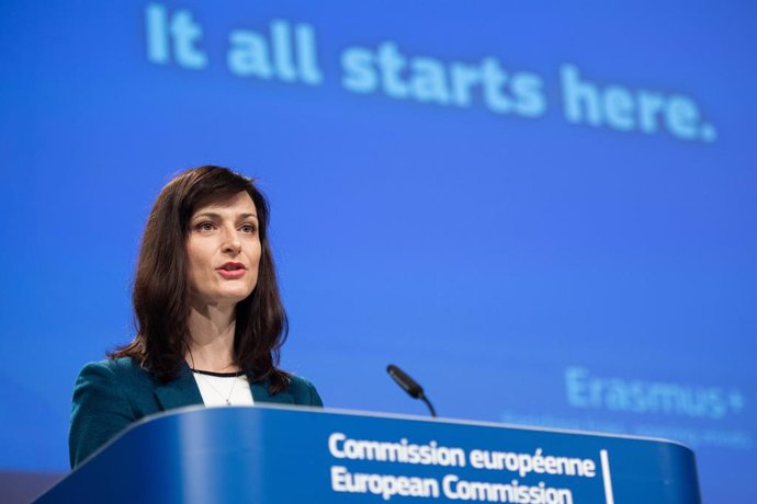 HANDOUT - 25 March 2021, Belgium, Brussels: European Commissioner for Innovation, Research, Culture, Education and Youth Mariya Gabriel holds a press conference at the European Commission in Brussels. Photo: Jennifer Jacquemart/European Commission/dpa -