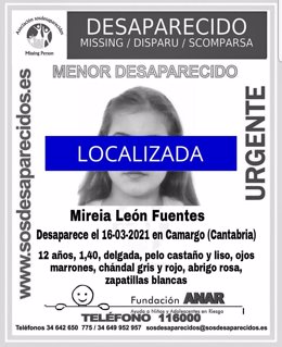 Localizada en buen estado la niña de 12 años desaparecida en Camargo (Cantabria) el 16 de marzo