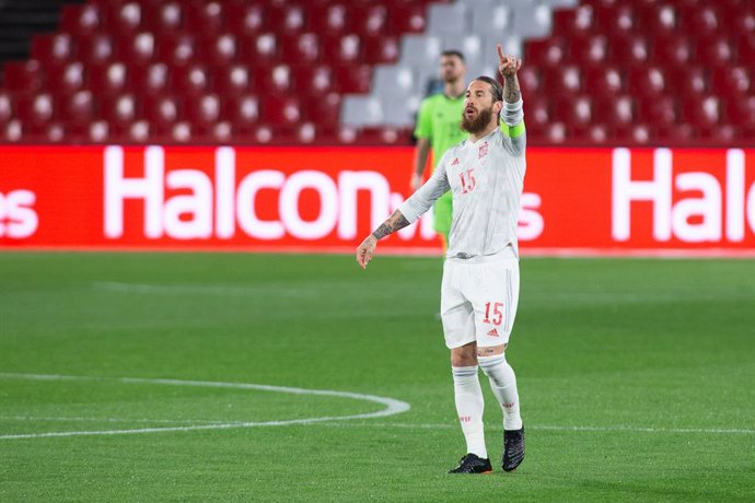 Sergio Ramos of Spain during the FIFA World Cup 2022 Qatar qualifying match between Spain and Greece at Estadio Nuevo Los Carmenes on March 25, 2021 in Granada, Spain.