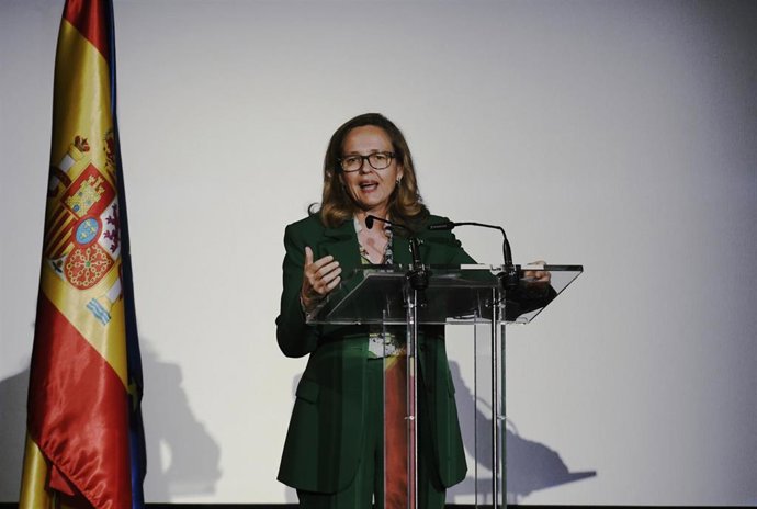 La vicepresidenta tercera y ministra de Asuntos Económicos y Transformación Digital, Nadia Calviño, interviene en la presentación del Plan 'Spain Audiovisual' Hub, en el Cine Doré, en Madrid (España), a 24 de marzo de 2021.  