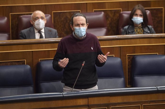 El vicepresidente segundo del Gobierno, Pablo Iglesias, interviene en una sesión plenaria en el Congreso de los Diputados, Madrid, (España), a 24 de marzo de 2021. 