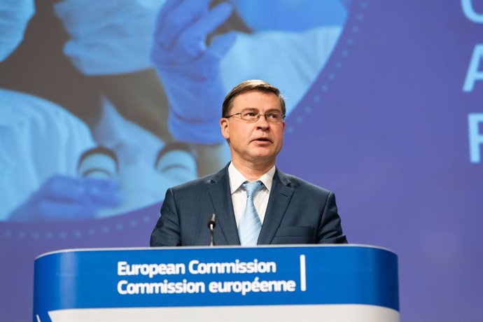 HANDOUT - 24 March 2021, Belgium, Brussels: Executive Vice President of the European Commission for An Economy that Works for People Valdis Dombrovskis speaks during a press conference on the Export transparency and authorisation mechanism at the Europe
