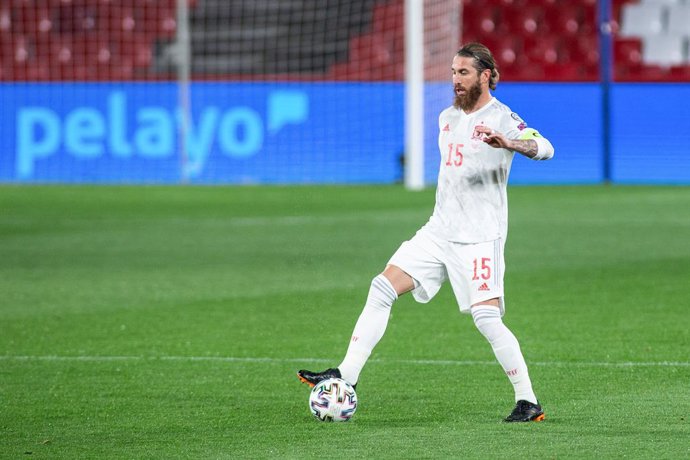 Sergio Ramos of Spain during the FIFA World Cup 2022 Qatar qualifying match between Spain and Greece at Estadio Nuevo Los Carmenes on March 25, 2021 in Granada, Spain.