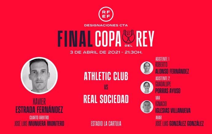 Cuadro arbitral para la final de la Copa del Rey 2019/20 que disputarán Athletic Club y Real Sociedad el 3 de abril de 2021 en Sevilla