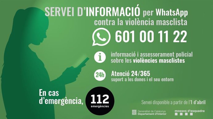 El nou número de WhatsApp dels Mossos d'Esquadra d'atenció i informació sobre violncia masclista (601 00 11 22) ha comenat a funcionar aquest dijous, 1 d'abril del 2021.