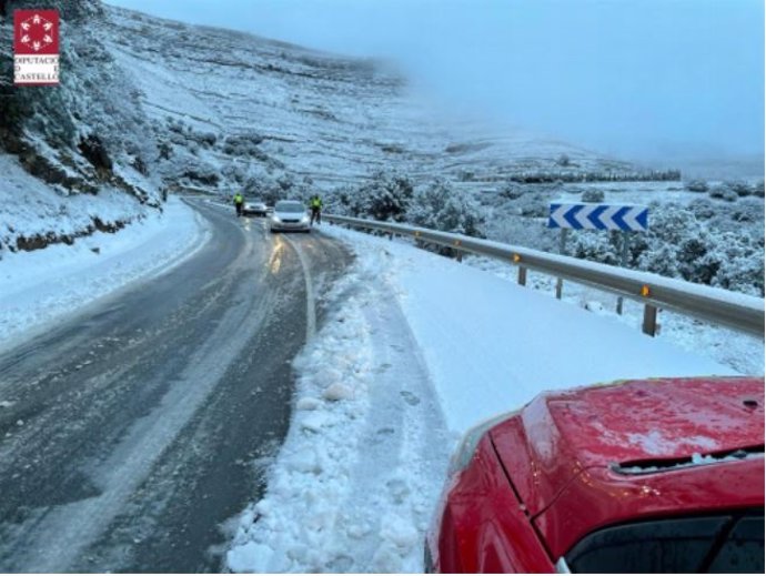 Imagen del Consorcio Provincial de Bomberos de la Diputación de Castellón del día 19 de  marzo mostrando los accesos a Ares cubiertos de nieve